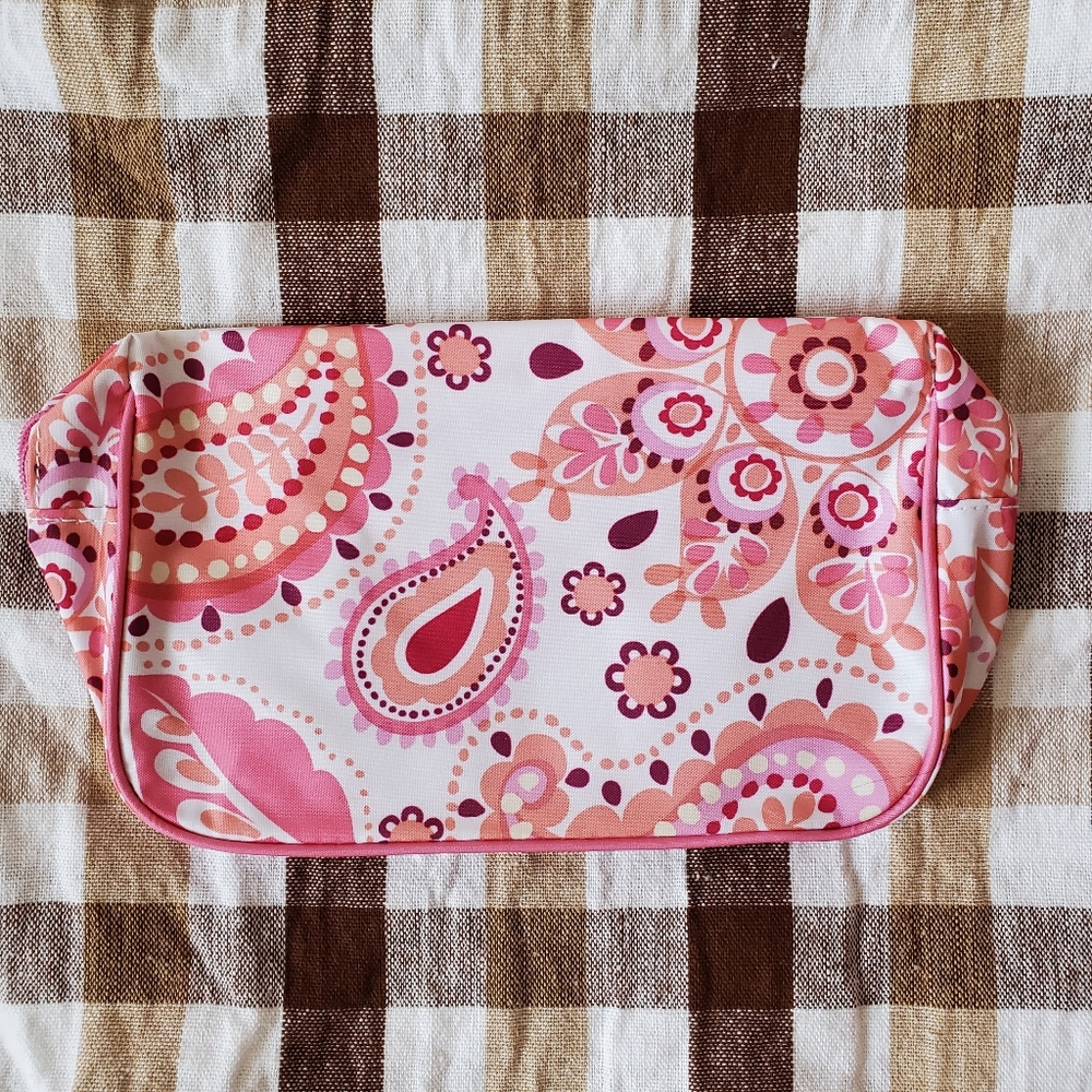 New Clinique makeup pouch, floral pattern, white and pink